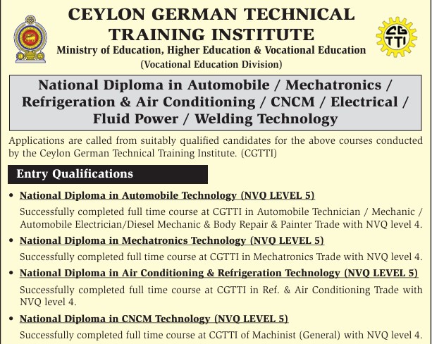 Applications are called ! Diploma in Automobile / Mechatronics / Refrigeration & Air Conditioning / CNCM / Electrical /Fluid Power / Welding Technology.